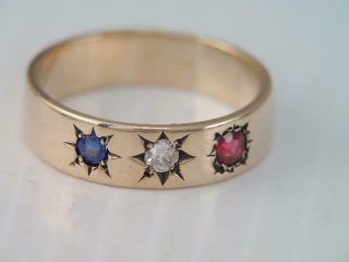 Antique Victorian 10k Gold Mine Cute Diamond Blue & Red Stone Band Ring Sz 6 1/4