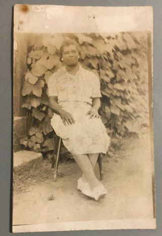 Vintage Rppc 1920s African American Woman In Dress Sitting Outside Of House