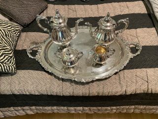 Baroque By Wallace Silver Plated 5 Piece Coffee And Tea Set W/ Oval Tray