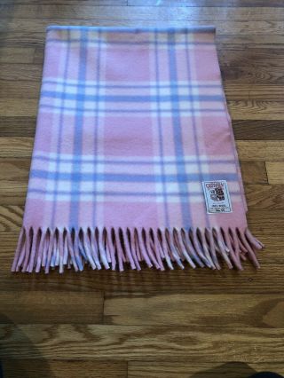 Vintage Curvon Ny 100 Wool Blanket Pink Blue White Plaid Fringe Hem 48”x 35”