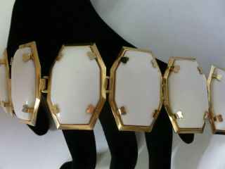 Vintage Gold Tone White Lucite Plastic Cabochon Bracelet