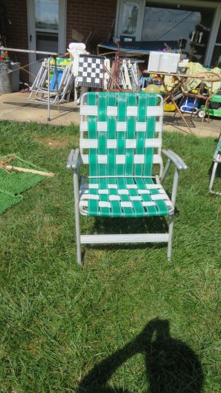 Vintage Aluminum Folding Webbed Webbing Lawn Chair Green White Metal Arms