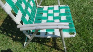 VINTAGE ALUMINUM Folding WEBBED Webbing LAWN CHAIR Green White Metal Arms 2