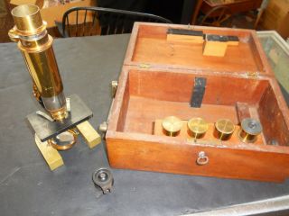 Antique Bausch & Lomb Optical Co Brass Microscope W/ Lenses Box/case Pat.  1885