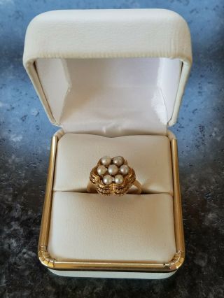 Vintage Antique Victorian 10k Yellow Gold Pearl Cluster Ring Sz 7