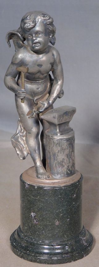 Antique French Silver Bronze Black Marble Nude Figure Cupid Forge Anvil