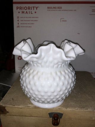 Fenton White Milk Glass Hobnail 5 1/2 " Vase,  Rose Bowl Double Crimped Top Edges