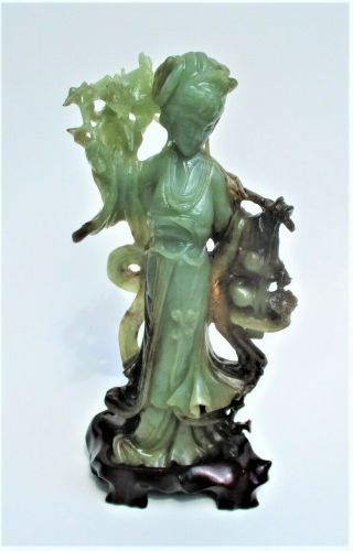 Large Chinese Jade Carving Of A Lady On Wood Stand