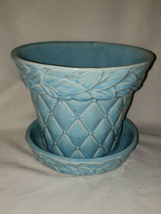 Vintage Mccoy Pottery Blue Quilted Diamond And Leaf Planter Pot Ceramic 5 "