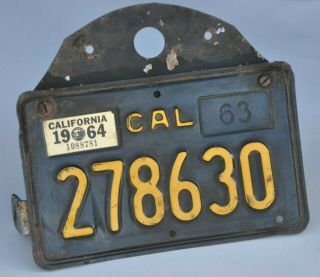 1963 Black California Motorcycle License Plate,  With Single 1964 Sticker
