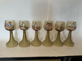 Set Of Six Antique Hand Painted German Wine Goblets