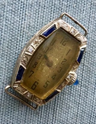 Antique Art Deco Ioco 14k White Gold Diamonds Sapphire Ladies Watch Swiss Made