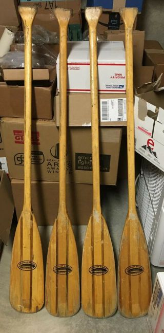 Four (4) Vintage Feather Brand Wood Canoe Oars Paddle 54” For Use Or Restoration