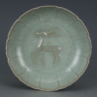 Chinese Old Ru Kiln Pink Green Crackle Glaze Carved Deer Porcelain Plate