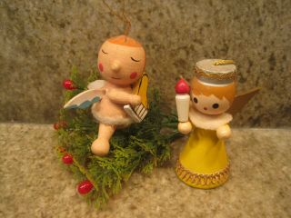 Set Of 2 Vintage Wood Hand Painted Angel Christmas Ornaments