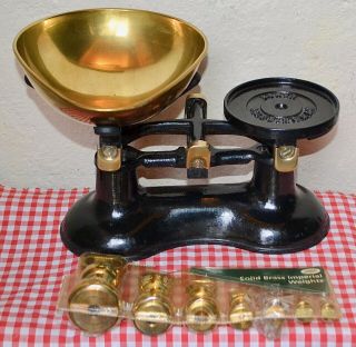 Vintage English Kitchen Scales Black Boots 7 Boots Brass Bell Weights