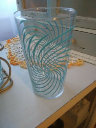 Set of 8 Vintage Drinking Glasses w/ Caddy - Teal Swirl Tumblers 2