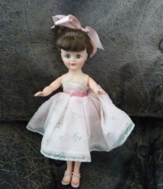 Vintage Vogue Jan Doll In White Dress With Pink And Green Vogue Tag