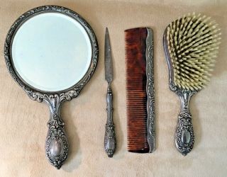 Sterling Silver Gorham Chantilly Vanity Dresser 4 Pc Set Mirror Brush File Comb
