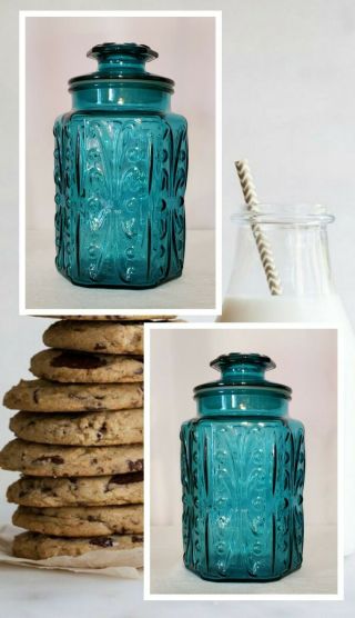 2 Vtg Le Smith Imperial Atterbury Scroll Teal Blue Glass Canisters / Jars