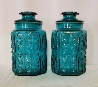 2 Vtg LE Smith Imperial Atterbury Scroll Teal Blue Glass canisters / jars 2