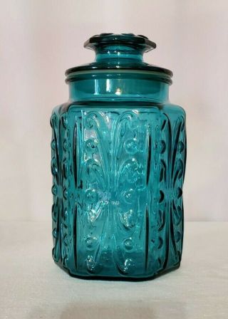 2 Vtg LE Smith Imperial Atterbury Scroll Teal Blue Glass canisters / jars 3
