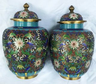 Antique Chinese Cloisonne 9.  5 " Ginger Jars Lidded Urn Set Star Flower Pair