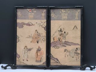 Antique Chinese Embroidered Silk Kesi Panels Carved Wood Table Screen W Warriors