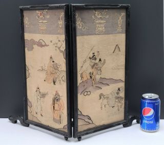 Antique Chinese Embroidered Silk Kesi Panels Carved Wood Table Screen w Warriors 2