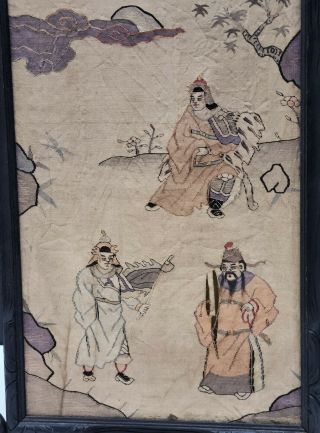 Antique Chinese Embroidered Silk Kesi Panels Carved Wood Table Screen w Warriors 3