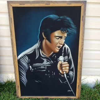 Vintage J.  Romero Velvet Elvis Painting 24 X 36 Rustic Frame Signed