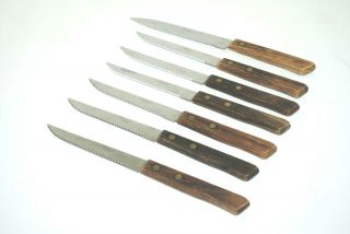 Vintage Japan Stainless Steel Mid Century Wood Handle Steak Knives - Set Of 7