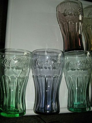COKE COLA MCDONALD ' S GLASSES SET OF 8 AQUA PURPLE GREEN BLUE CLEAR TAN VINTAGE 2