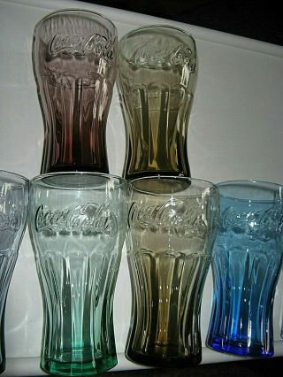 COKE COLA MCDONALD ' S GLASSES SET OF 8 AQUA PURPLE GREEN BLUE CLEAR TAN VINTAGE 3