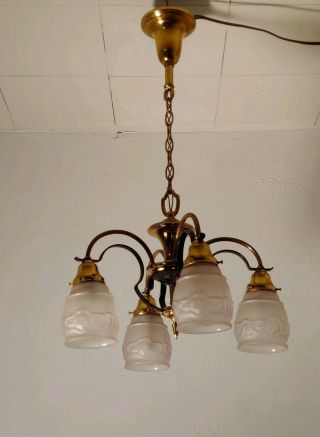 Antique Brass 1920s 4 Light Pan Ceiling Chandelier Art Deco Era Highly Polished