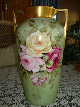 Antique Heinrich &co Bavaria Germany Hand Painted Signed Vase,  Roses & Gold,  12 "