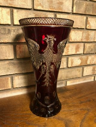 Rare Antique Cut Crystal Ruby Red Art Glass Polish Eagle Trumpet Vase 12 3/4 "