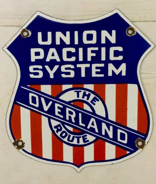 Vintage Porcelain Union Pacific System The Overland Route 10” X 10½” Enamel Sign