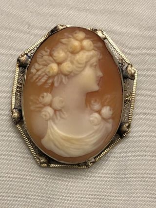 Italian Antique 14k Gold Soft Shell Cameo Lady Roses Pin Brooch