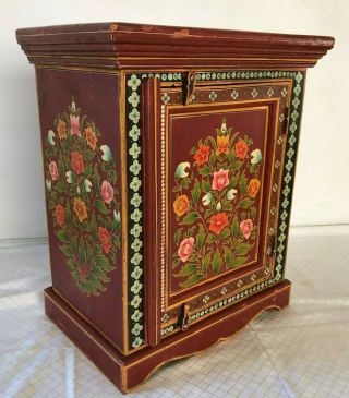 Vintage Indian Hand Painted Red Floral Wood Cabinet Nightstand Or Storage 24 "