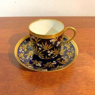 Antique Mintons Cobalt Blue And Gold With Enamel Flowers Demitasse Cup & Saucer