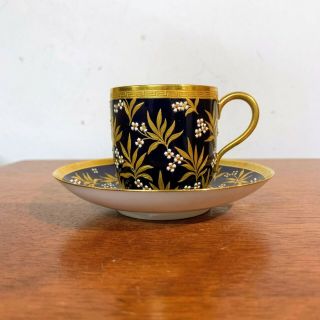 Antique Mintons Cobalt Blue and Gold with Enamel Flowers Demitasse Cup & Saucer 2