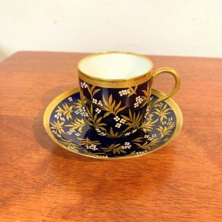 Antique Mintons Cobalt Blue and Gold with Enamel Flowers Demitasse Cup & Saucer 3