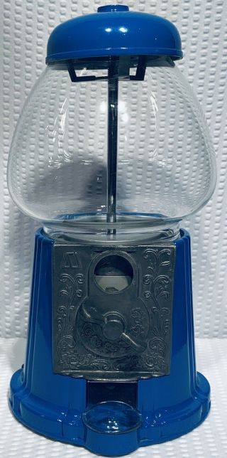 11” Vintage Metal Blue Gumball Machine With Glass Globe Ec