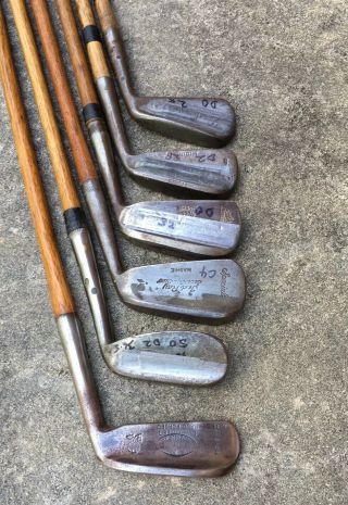 6 Antique Hickory Wood Shaft Flanged Golf Clubs Players