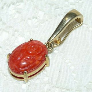 Pretty Vintage Gold Plated Carved Red Coral Flower Enhancer/pendant Nn32