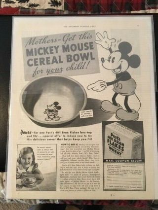 Vintage 1935 - Mickey Mouse Disney Bowl Post Cereal Ad