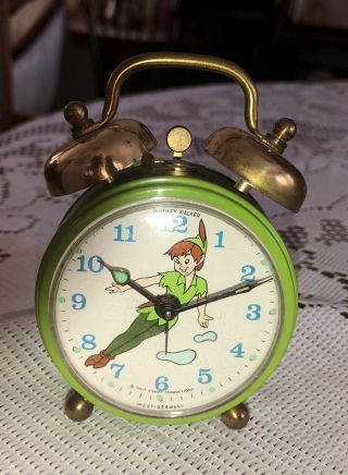 Vintage Disney Peter Pan Phinney Walker Alarm Clock Green Good Cond.