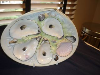 Antique 1881 Union Porcelain (upw) 4 Well Oyster Plate Green/blue