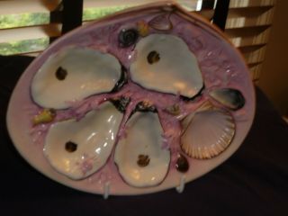 ANTIQUE 1881 UNION PORCELAIN (UPW) 4 WELL OYSTER PLATE.  SM CLAM BRIGHT PINK 2